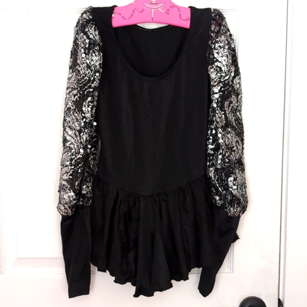 Figure Skating dress size 12-14 Black with Silver and Sheer Sleeves